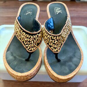 AK Anne Klein Beaded Cork Wedge Sandals Women’s Size 7